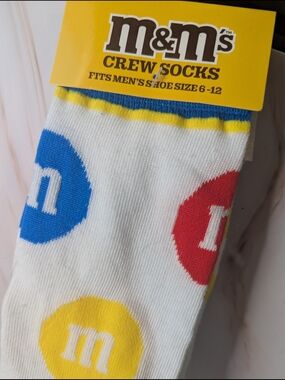 M&M'S Candy White Crew Socks with Blue, Red & Yellow Logos